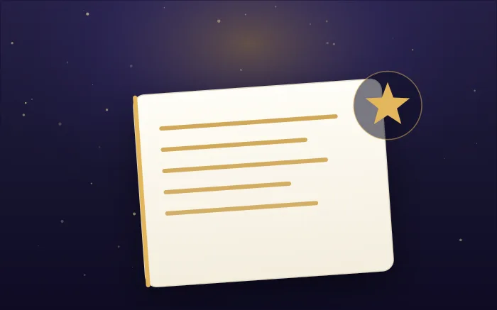 A handwritten note card with gold-ruled lines against a night sky