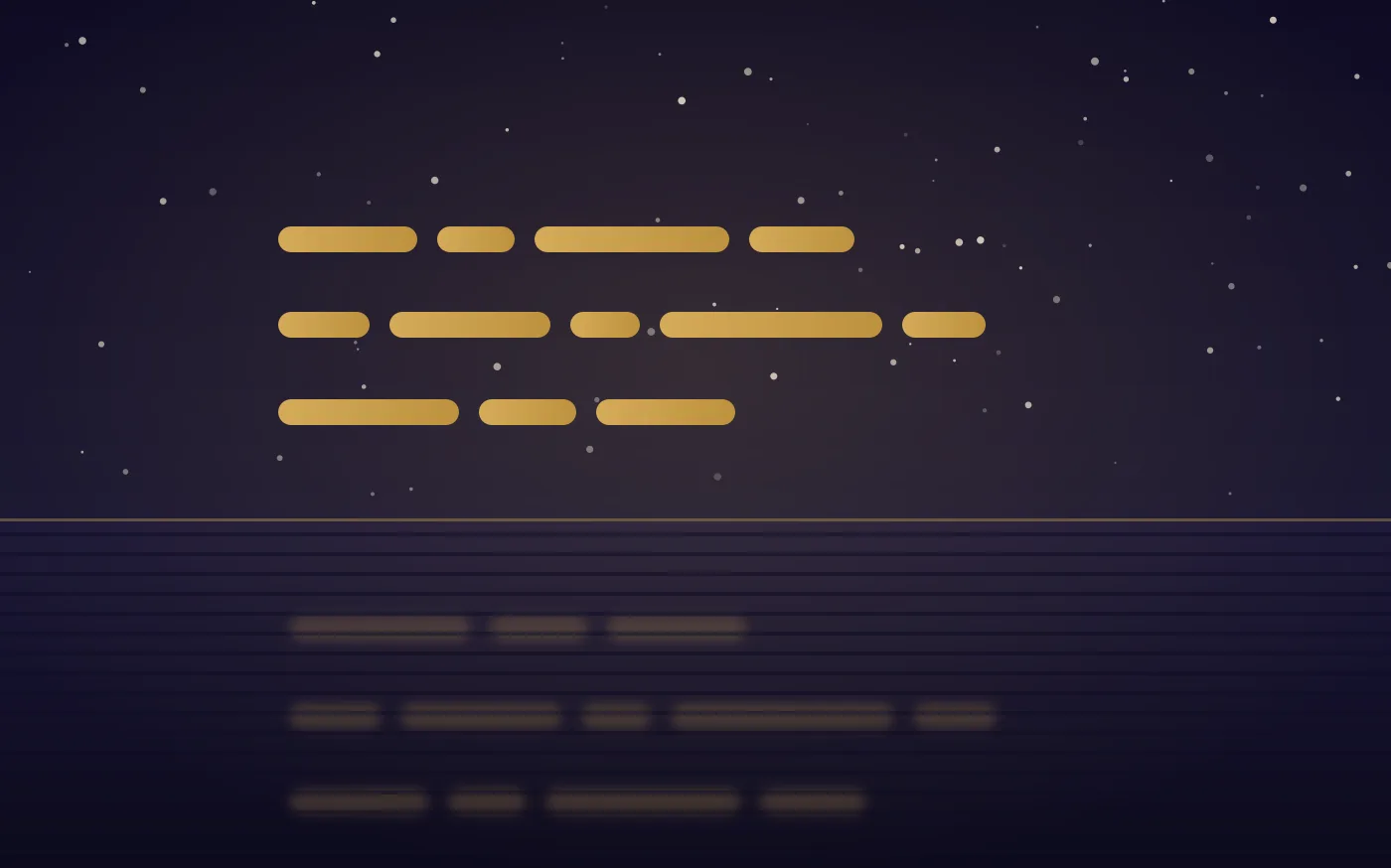 Gold bars shaped like lines of text over a night sky, with their dimmed reflection below a waterline