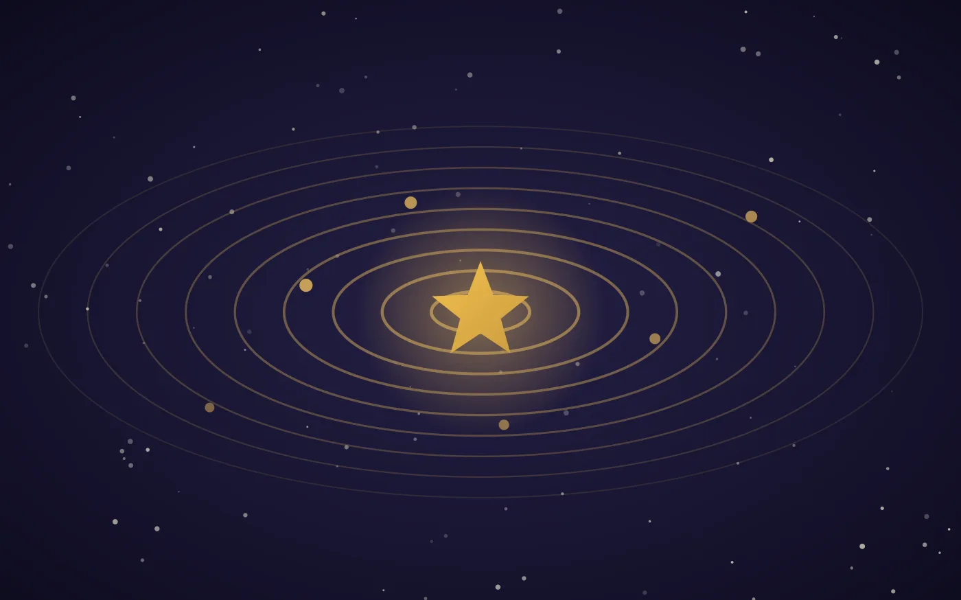 A gold star at the centre of concentric orbits in a night sky, with small gold points drawn inward along the rings